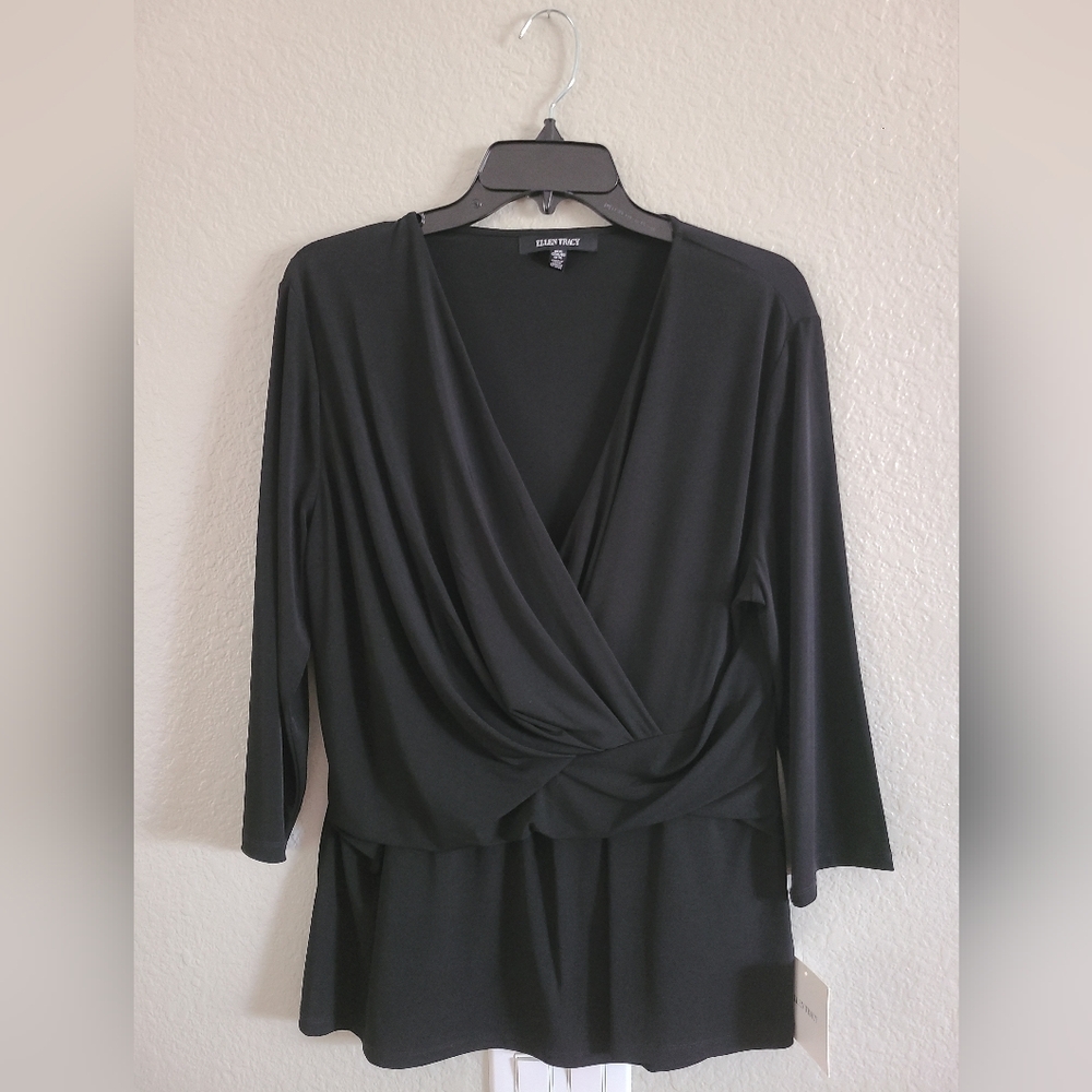 Ellen Tracy Black Blouse 3/4 Sleeve Vneck Womens XL NWT